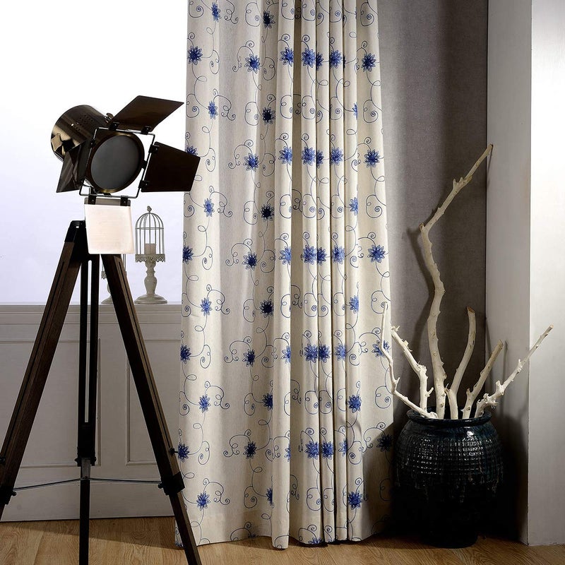 VOGOL Curtains & Drapes 84 Inch Length, 2 Panels Blue Floral and Vines Embroidery Linen Curtain for Bedroom Living Room, Top Grommet - Image 2